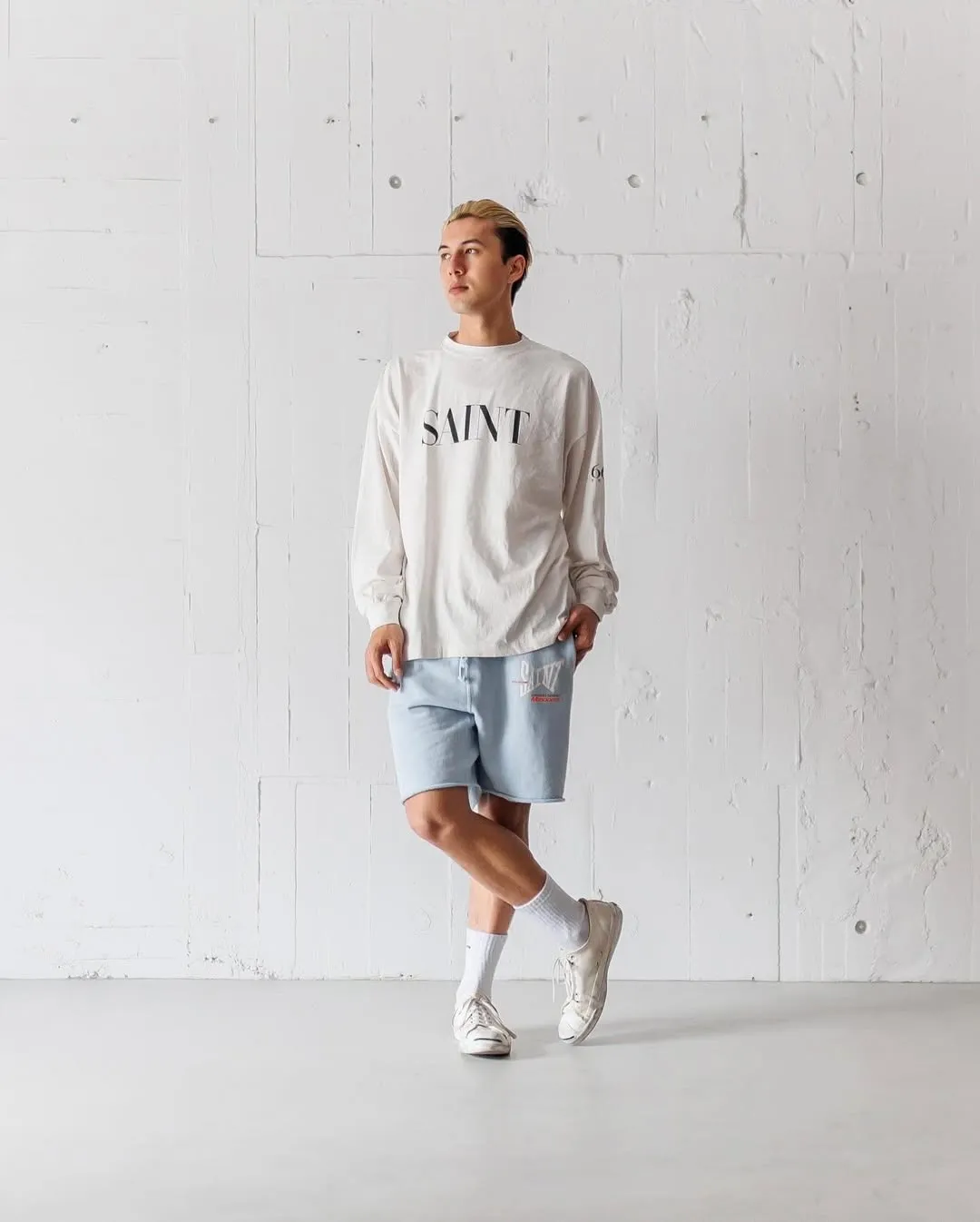 SAINT Mxxxxxx SWEAT SHORTS/RIBON SAINT/BLK pink SAINT LOGO shorts, black S-XL cotton and linen OE yarn fabric, stiff, light, comfortable and breathable, non-locking design, naturally rolled back after water, super handsome version, easy to match, original consistent main mark, wash water mark, little angel anti-counterfeiting mark